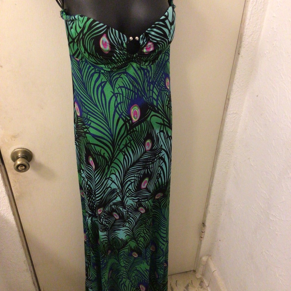 NWT MT Collection Strapless Beautiful Multi Color Peacock 🦚 Maxi Spandex Dress